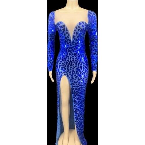 Sparkly Blue Mirrors Long Dress Women Birthday Celebrate Outfit Prom Evening Party Dress Female Performance Costume Stage Wear