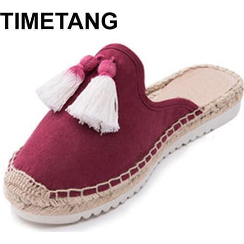TIMETANGnew arrival slippers women strawrope weave fisherman slides women summer flock tassel beachshoes woman slip on shoesE719