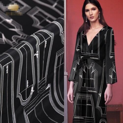 140cm Width 16mm Tailor Art Print Black 100% Mulberry Silk Crepe de Chine Fabric for Woman Summer Dress Blouse Sewing-AF751