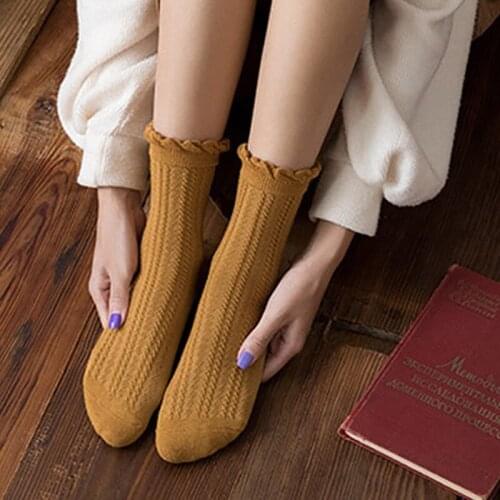 Spring Autumn Ruffle Frilly Cotton Socks For Women Candy Color Striped Casual Socks Japanese Style Casual Sox Students Socks