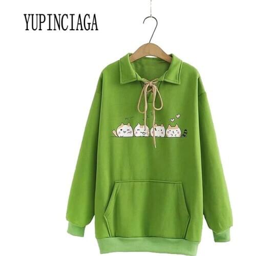 YUPINCIAGA Korean Fashion Preppy Style Cartoon Cat Lapel Tether Pullover Fleece Sweatshirt Women Long Sleeve Pullovers Femme