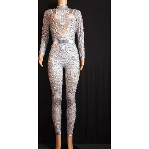 Sparkly Crystals Jumpsuit Women Sexy Nude Leggings Bodysuit Costume Dance Stage Wear Female Singer Costume Stretch Outfit