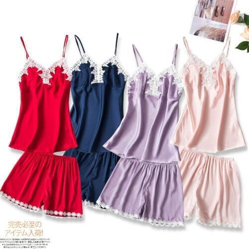 Women Lace Sexy Summer Silk Lingerie Pijiama Satin Spaghetti Strap Pajamas Gown Plus Size Two Piece Pajama Sets Black Sleepwear