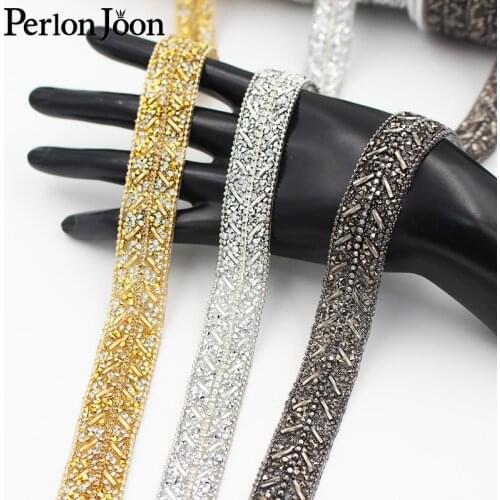 1 yard New 1.8cm gold gue Rhinestone Tape Hot Crystal Webbing DIY trim Geometric Design Clothing Decoration Accessories TR056