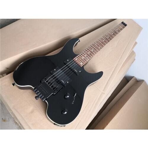 Free shipping custom 6 string guitar,headless guitar,black guitar, white cream binding, HH pickups,maple fingerboard,24 frets