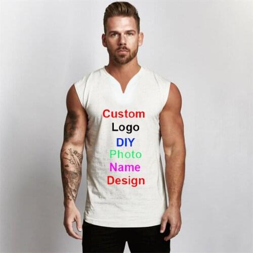 Brand logo custom DIY printing V-neck Cotton Gym Clothing Mens Workout Sleeveless Shirt Bodybuilding Tank Top Fitness Vests