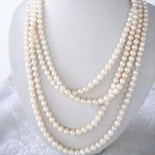 Top quality 7-8mm white natural cultured freshwater fashion pearl round beads diy necklace for women chain jewelry 70 inch BV146