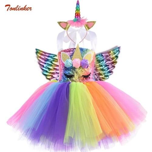 Children Kids Halloween Unicorn Costume For Girls Rainbow Unicorn Tutu Dress With Headband Wings Princess Flower Girl Party Dres