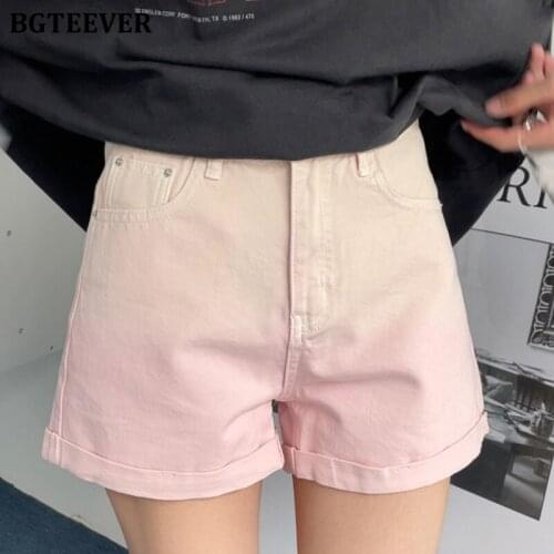 BGTEEVER Stylish Chic Ladies High Waist Button Gradient Jeans Shorts Summer Fashion Slim Female Denim Shorts Casual Women Shorts