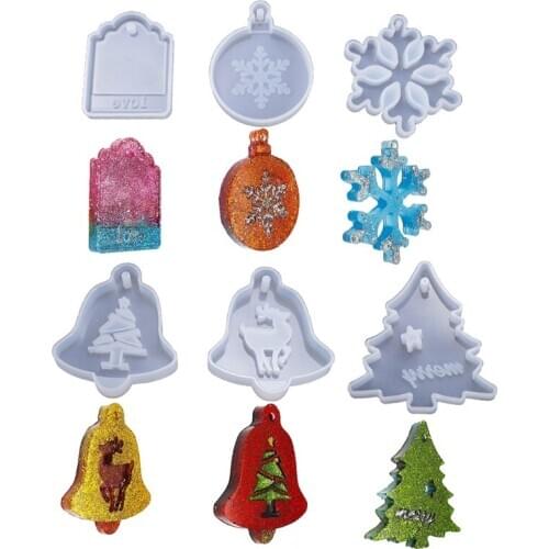 6 Pieces Christmas Theme Resin Molds, Pendant Decoration Molds with Hanging Hole, Including Bells, Elk, Christmastree, Round Sno