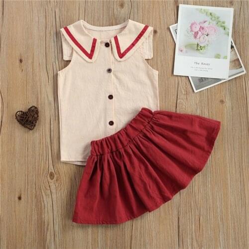 Baby Solid Color Clothes Set Fashion Girls Sleeveless Lapel Neck Button-up Tops Elastic Waist Short Skirt 2 Piece for 2-6 Years