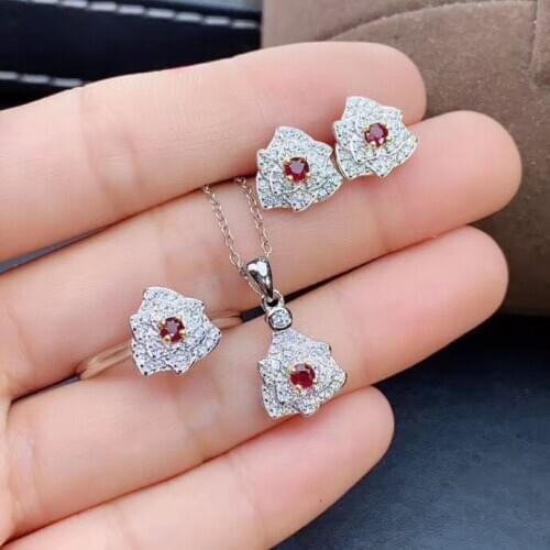 New Arrival Real Natural Ruby jewelry set Natural Real Ruby 925 sterling silver 1pc Ruby pendant,1pc ruby ring,2pcs ruby Earring