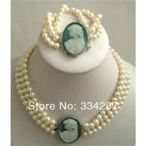 Wholesale good 3Rows 7-8mm White Akoya Pearl Cameo Beads Necklace 17-18" Bracelet 7.5"