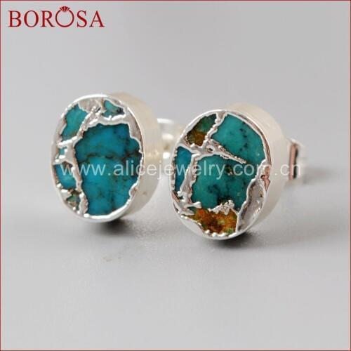 BOROSA wholesale Silver Plated Copper Turquoises Stud Earrings Natural Blue Howlites Oval silver Color Earrings Jewelry S1546
