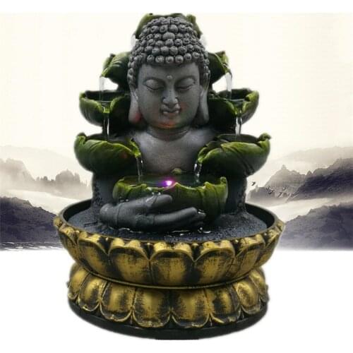 Resin Auspicious Buddha Statue Feng Shui Lucky Crafts Indoor Waterscape Water Fountain Ornaments Home Office Desktop Decoration