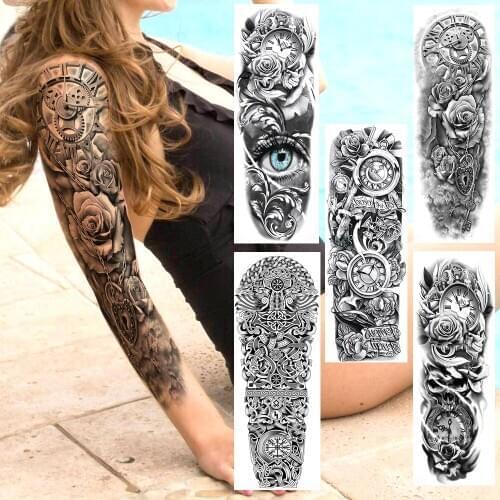 Realistic Full Arm Fake Temporary Tattoos 3D Maori Rose Clock Tattoo Sticker For Men Women Waterproof Eye Tatoos Body Art Makeup