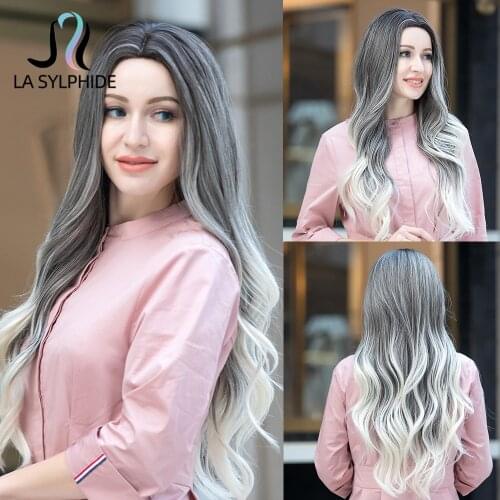La Sylphide Synthetic Wig Long Wave Linen Brown Ombre Bright Blonde False Hair Wigs Middle Part for Woman Daily Use Cute Wig
