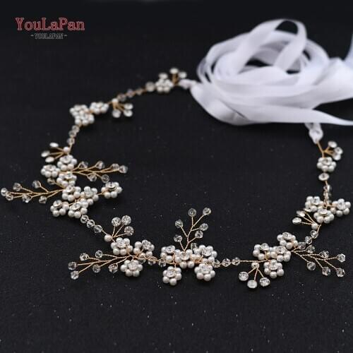 TOPQUEEN SH129 Golden Wedding Dresses Belts Womens Pearl Belt Crystal Bridal Sash Wedding Gold Belt with Beads Thin Bridal Belt