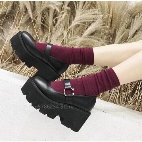 Japanese College Lolita Shoes Women High Heel Buckle Shoes Punk Woman Black Round Toe Mary Jane Gothic Platform PU Leather Pumps