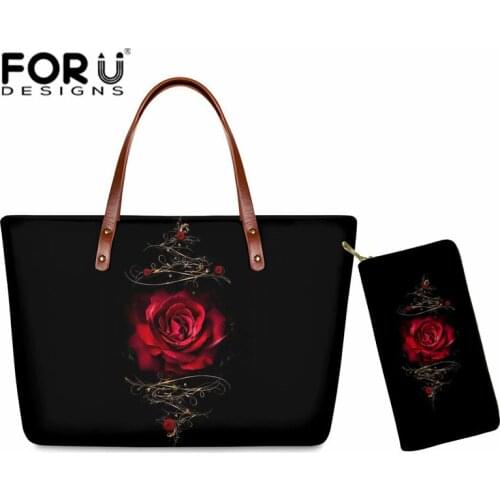 FORUDESIGNS Vintage Red Rose Handbags for Women Shoulder Bags and Wallet Set Female Ladies Large Capacity Purse Beach Tote Bag