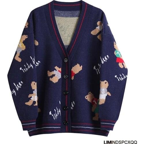 2021 Spring Autumn Women Sweater Cartoon Jacquard Cardigan Korean V-neck Jacket Oversized Pullover Autumn Loose Ropa Mujer