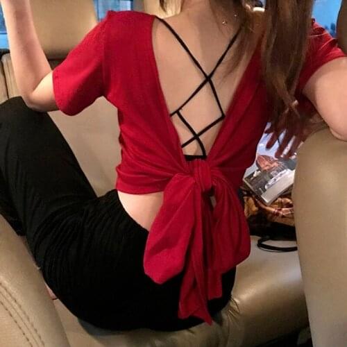Womens Clothing Cotton Summer New Style Korean Loose Red T-shirt Sexy Leaky Back Straps Umbilical Womens T-shirt