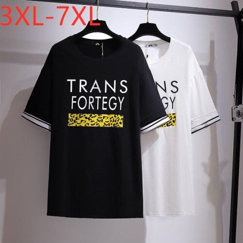 New Ladies Summer Plus Size Tops For Women Large Short Sleeve Loose Cotton Black White Print Long T-shirt 3XL 4XL 5XL 6XL 7XL