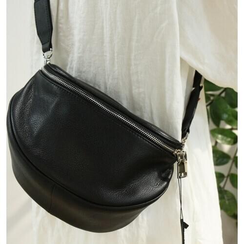 Wide Shoulder Strap Crossbody Bags For Women Genuine Leather Saddle bag Fashion Black Zipper Shoulder Messenger Female Bag 2020