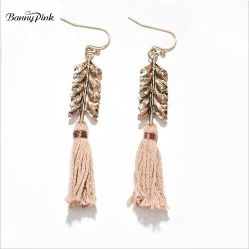 Banny Pink Vintage Gold Color Leaf Dangle Earrings For Women Ethnic Cotton Tassel Earrings long Statement Fringe Drop Earrings