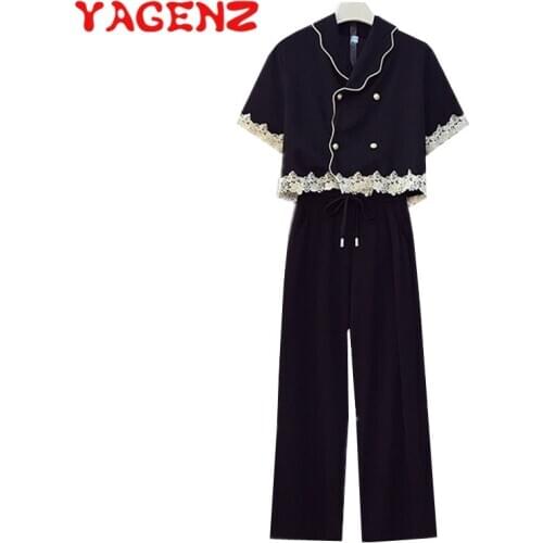 YAGENZ Oversized Suit Women Two Piece Set Double-breasted Short Sleeve Tops Cropped trousers Lace Suit Plus size 2 Piece Set 775