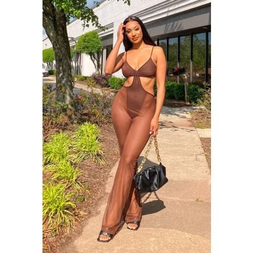 2021 New Arrival Fashion Design Mesh Jumpsuits Solid Hollow Out Spaghetti Strap Summer Beach Bodycon Rompers