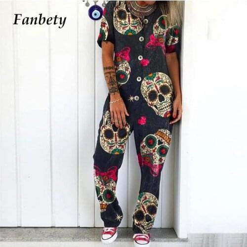 Women Casual Cartoon Skull Print Jumpsuit 2021 Spring Summer Vintage Button Loose Overalls Bodysuit Short Sleeve Romper Playsuit