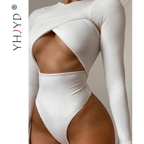 Cropped Cross Hollow Out Bodysuits Women V Neck Slim High Waist Bodycon Sexy Long Sleeve Bodies 2021 Fashion Party Wear Jumpsuit