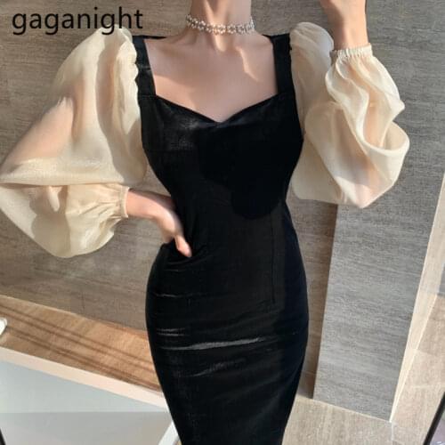 Gaganight Elegant Women Slim Maxi Dress Patchwork Fashion Lady Bodycon Long Sleeve Dresses Chic Korean Party Vestidos Velvet New