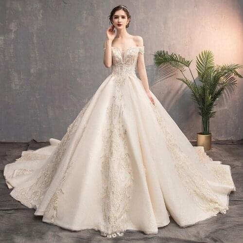 Champagne Wedding Dress Boat Neck Off the Shoulder Short Sleeves Bling Embroidery Simple Lace up Long Women Bride Dresses B087