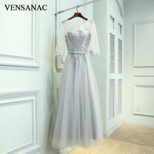 VENSANAC New A Line 2017 Embroidery O Neck Long Evening Dresses Three Quarter Sleeve Elegant Lace Embroidery Party Prom Gowns