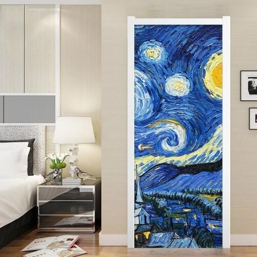 Starry Sky Art Oil Painting Door Sticker Wall Mural PVC Self-adhesive Door Stickers Home Decor Wallpaper For Bedroom Living Room