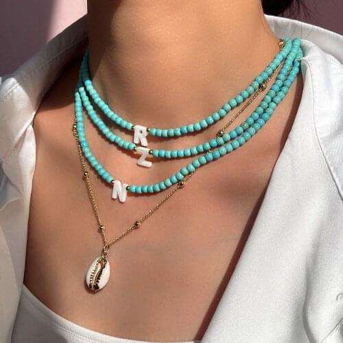 2Pcs/Set Natural Shell Letter Bead Necklace Turquoise Beaded Initial Choker Seashell Pendant Necklaces For Women 2021 Jewelry