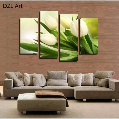 4 Panel(No Frame)White tulips Picture Wall Decor Print on Canvas Oil Painting Canvas Painting for Christmas Gift