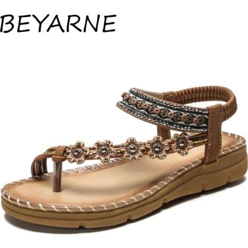 BEYARNE Bohemian style Women sandals summer shoes flat pearl sandals comfortable string bead ethnic style women sandals size 35