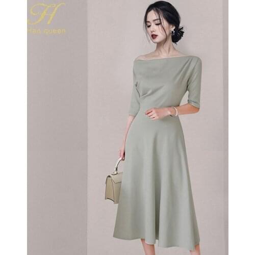 H Han Queen New Slash Neck Summer Dresses Womens Mid-Calf A-Line Dress Elegant Korean Simple Office Wear Party Casual Vestidos