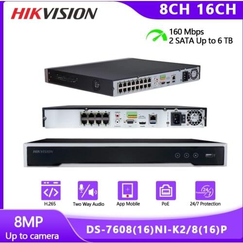 Hikvision Dual-OS Desig 4K NVR DS-7616NI-K2/16P Two-way Audio 16CH H.265 8MP POE Up to 32 IP Cameras Live View Storage Playback