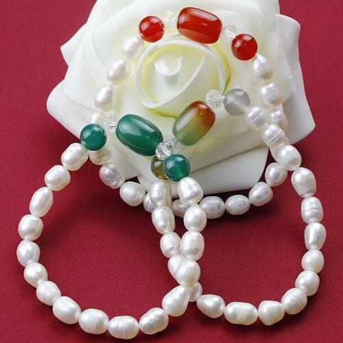 HOT CHEAP NEW 6-7MM Real Freshwater Pearl Bracelet Bangle with Agate for Women Lady Girls Female Beautiful Jewelry Party Gift