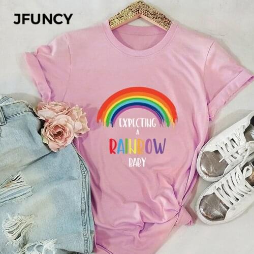JFUNCY Plus Size Short Sleeve Woman Tshirts Rainbow Letter Print T Shirt Women Casual Loose T-shirt Summer Tees 100% Cotton Tops
