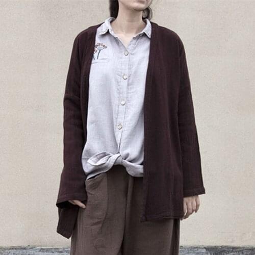 Johnature Dark Brown V-Neck Full Sleeve Linen New Autumn Cardigan Coats 2021 Women Loose Vintage Casual Irregular Coats