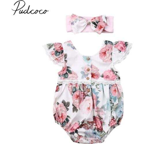 2020 Summer Baby Clothing Newborn Infant Baby Girl Floral Bodysuit Ruffle Sleeve Lace Flowers Jumpsuits Headband 2Pcs Outfit Set