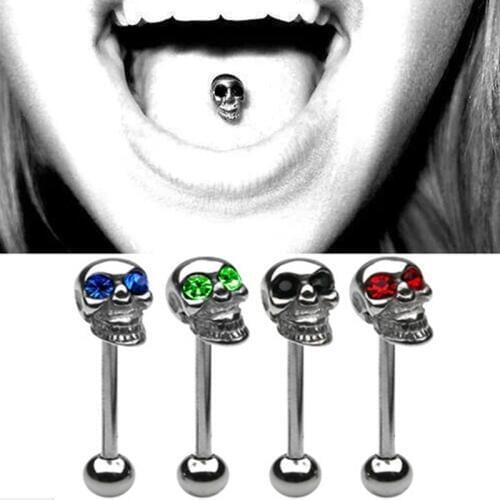 Stainless Steel 14G Skull Tongue Piering Ring Kit Sexy Crystal Tongue Ring Skull Nipple Piercing Bar Body Jewelry Pircing Langue