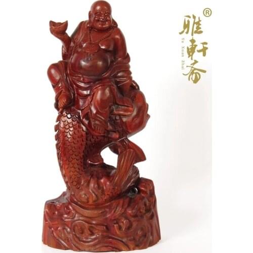 Red sandalwood carving Maitreya Buddha riding fish to send blessing ornaments to attract wealth and longevity business gifts
