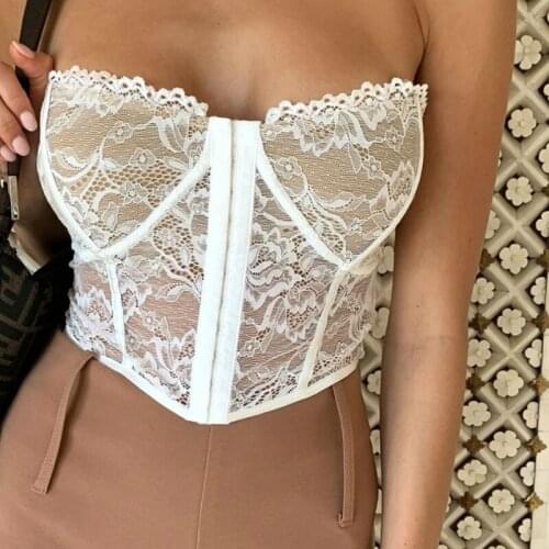 Summer Lace Bustier Crop Tops Women See-through Floral Hollow Out Backless Strapless Tube Tank Top Club Bandage Vest White Black
