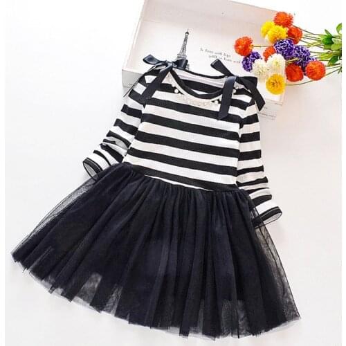 Cute Children Girls Dress Cute Stripes Mesh Stitching Bottoming Temperament Long Sleeve Sweet Dress 1-8Y Patchwork Mesh Dress